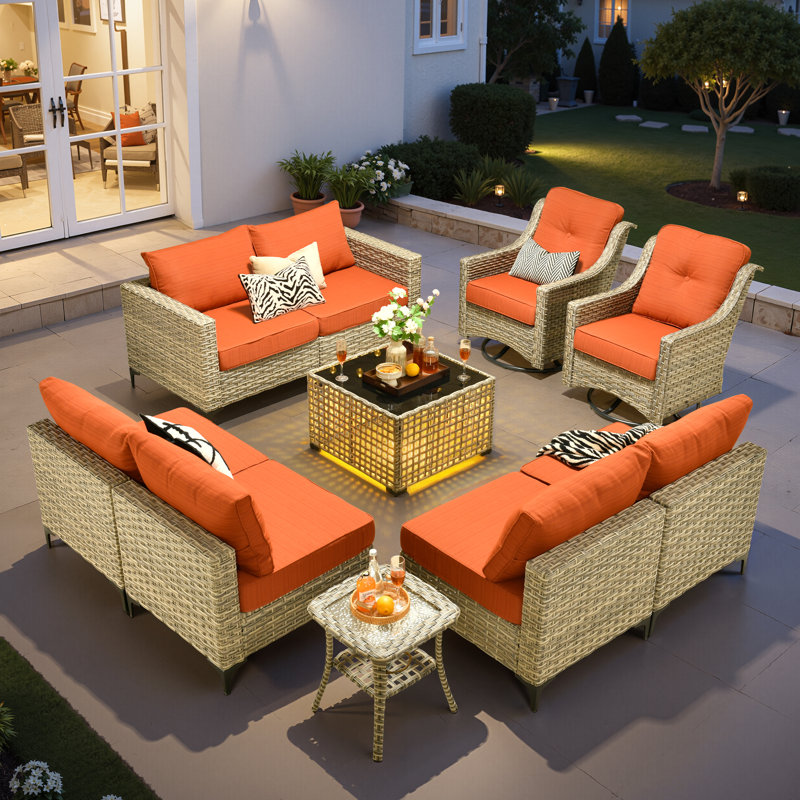 Emroy 8 - Person Wicker/Rattan Sectional Seating Group with Lighted Coffee Table and Swivel Chairs, All Weather Modular Outdoor Conversation Set with Cushions
