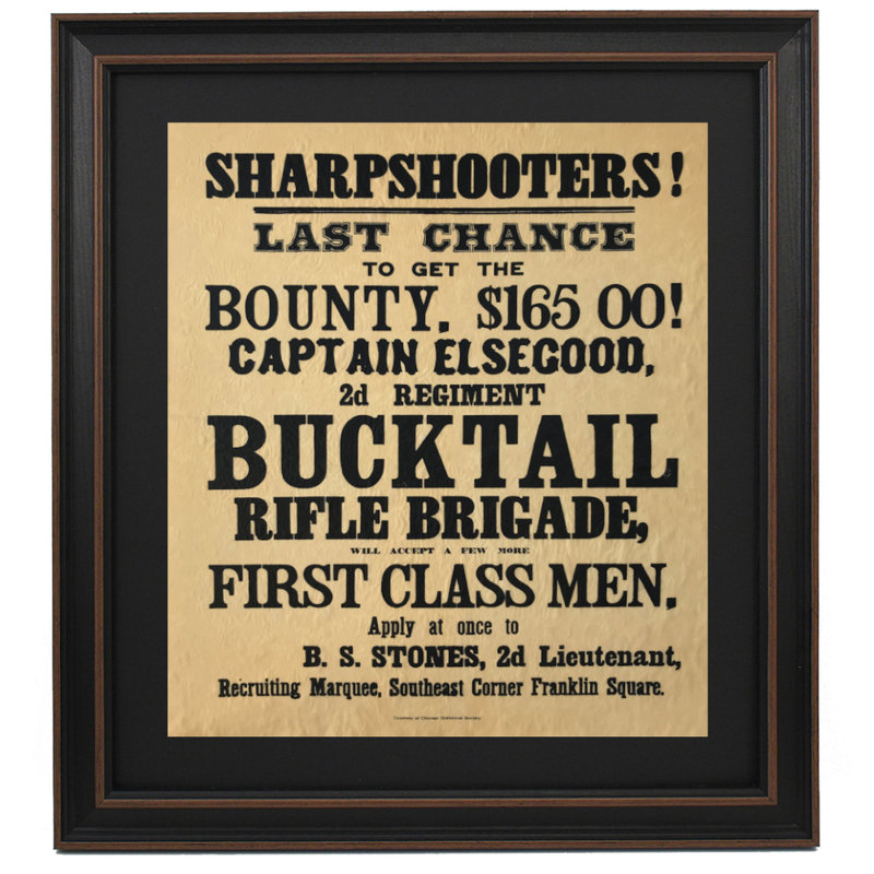 «Last Chance To Get The 165 Bounty», guerre civile Broadside | Reproduction d'art textuel encadrée sur parchemin antique