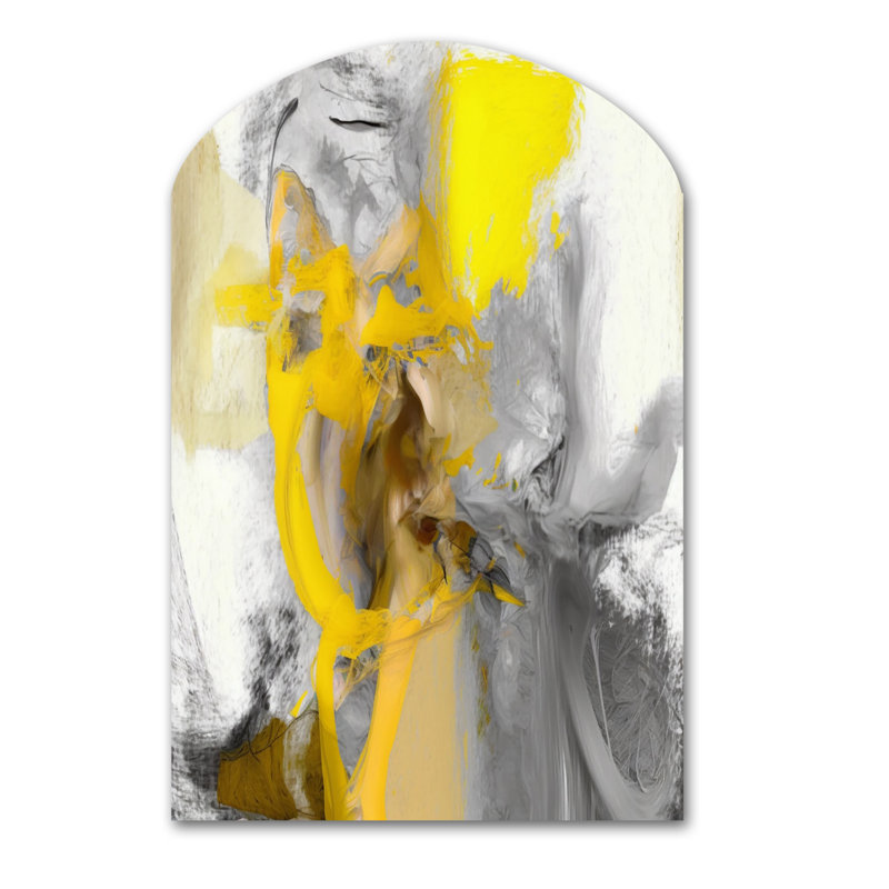 Moutarde jaune et gris vif I - art abstrait en forme d'arche abstraite, H 34 po x l 25 po