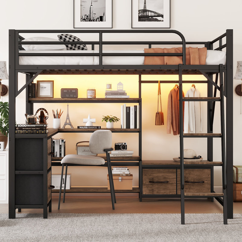 Queen Size Loft Bed with Desk and LED, Metal Loft Bed with Storage Shelves, Wardrobe and Storage Drawers for Boys Girls, Expect Arrival Date 2025/7/26