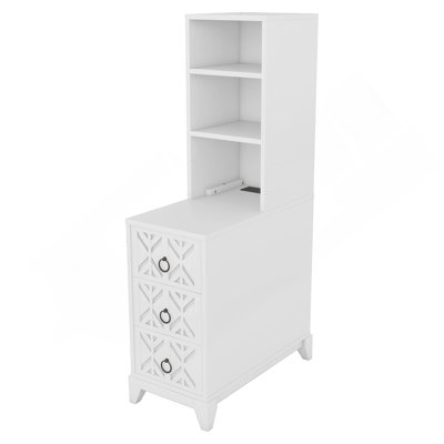 Table de bout fonctionnelle avec trois tiroirs et deux tablettes ouvertes, idéale pour les coins de chambre à coucher et les solutions de rangement peu encombrantes