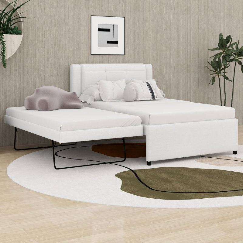 Lit plateforme tapissier avec lit gigogne, Beige