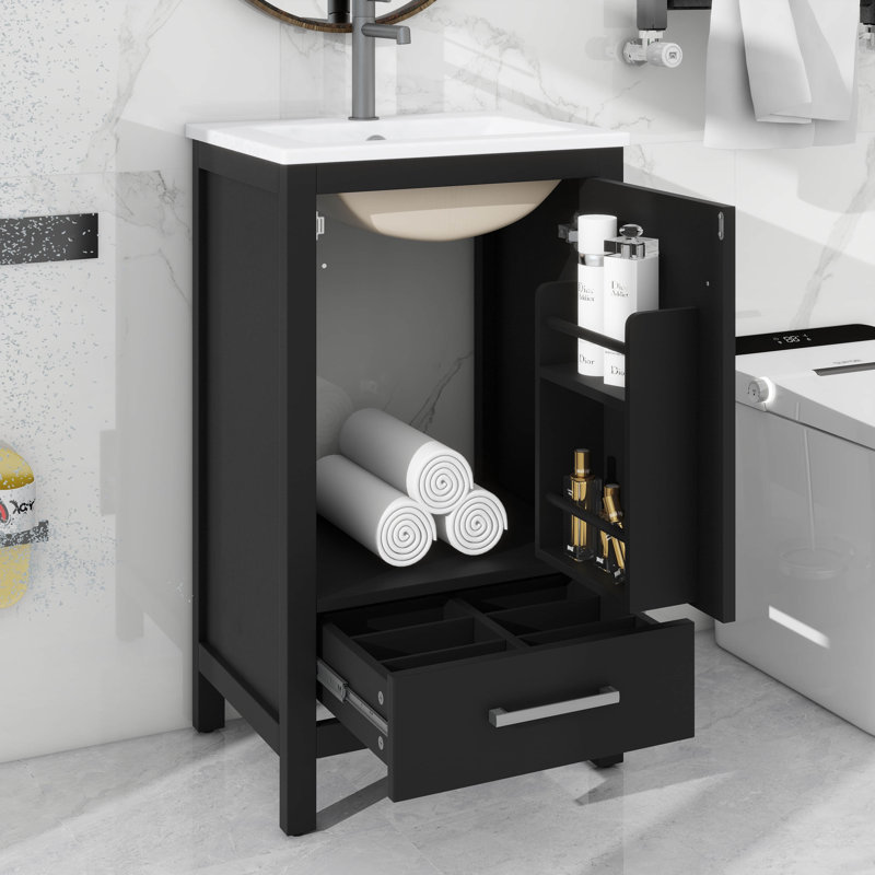 Meuble-lavabo moderne de 20 pouces avec lavabo en céramique, tiroir et porte à fermeture en douceur, organisateur de porte double couche, tiroir de séparation, patins réglables