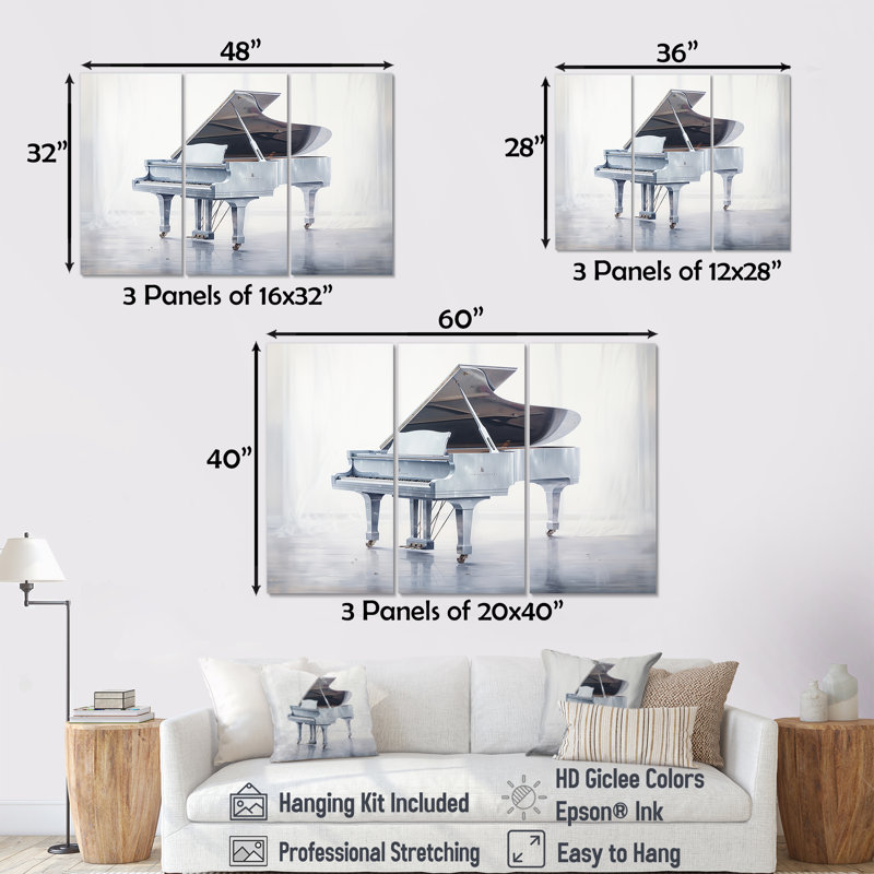 Gris piano Winter Echoes I - ensemble de décoration murale piano, H 32 po x l 48 po x P 1 po