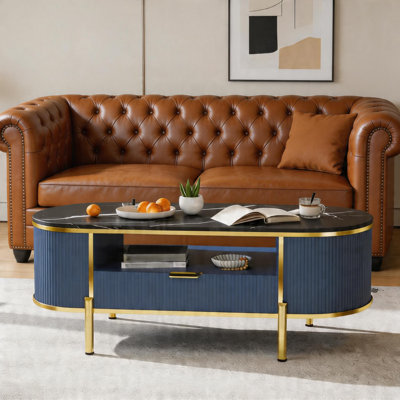 48" Oval Coffee Table for Living Room Office, Faux Marble Top Storage Drawer Shelf Gold Legs, Blue