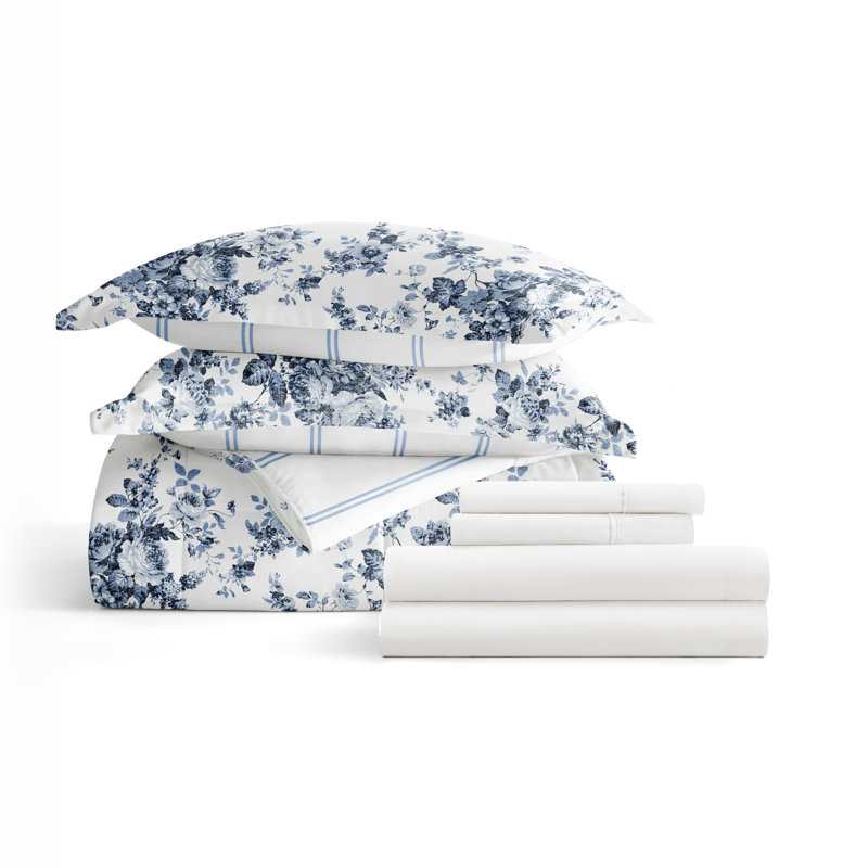 7-Piece Bedding Bundle - Pattern Comforter and Sheet Set, California King Comforter + 1 Additional Piece, White/Grey Floral