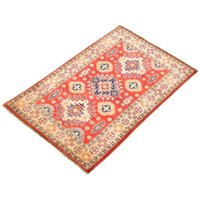 Tapis unique en laine noué à la main rouge Gazni des années 2010 de 3 pi 4 po x 5 pi 1 po Qaiden
