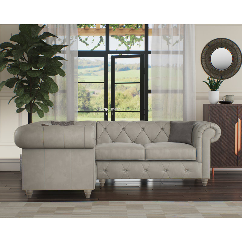 Melrose 3 Seater Leather Corner Sofa , Left Hand Facing, Cloud Grey, Washed Oak