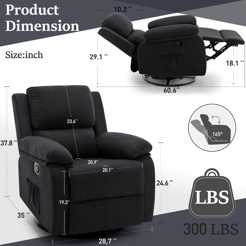 Black Fabric Swivel Recliner with Wood Frame