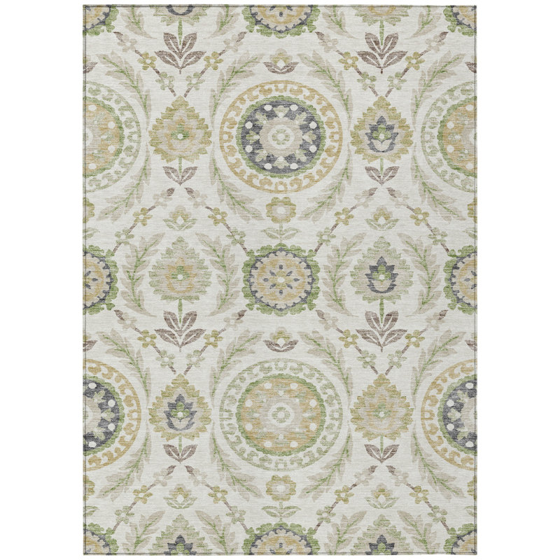 3' X 5' Ivory Beige And Taupe Floral Washable Indoor Outdoor Area Rug