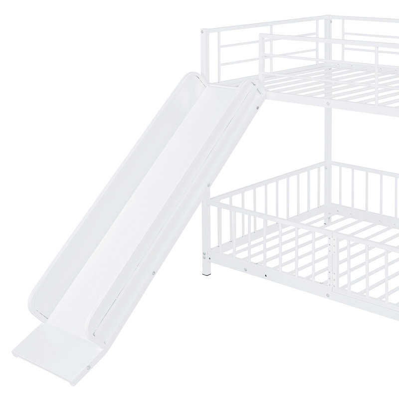 Metal Bunk Bed With Slide And Guardrails, White, Twin