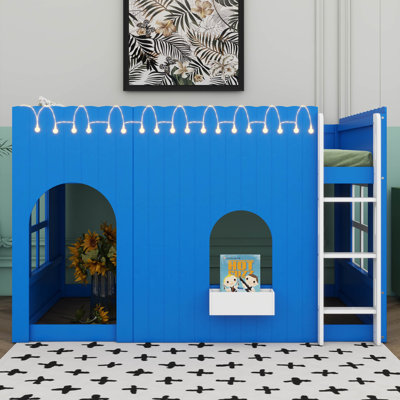 Lit mezzanine pour enfants avec guirlande lumineuse à DEL, lit mezzanine en bois avec fenêtre et espace au sol