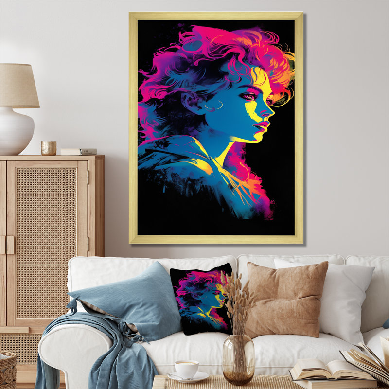Portrait rétro pop art d'une femme néon féroce, H 20 po x l 12 po x P 1 po, Cadre doré à une seule photo