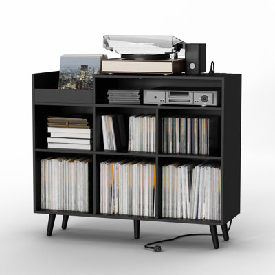 Meher 45" W Vinyl Record Storage Cabinet with Charging Station, Adjustable Open Shelves