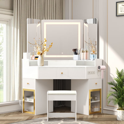 3-Panel Mirror Vanity with Lighted Smart Mirror, Charging Station & Hair Dryer Holder, Corner Glass Top, Fluted Drawers + Glass Cabinets, 9‑Grid Organizer, Stool Included