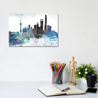 Shanghai Bluish Skyline by WallDecorAddict - Wrapped Canvas Print