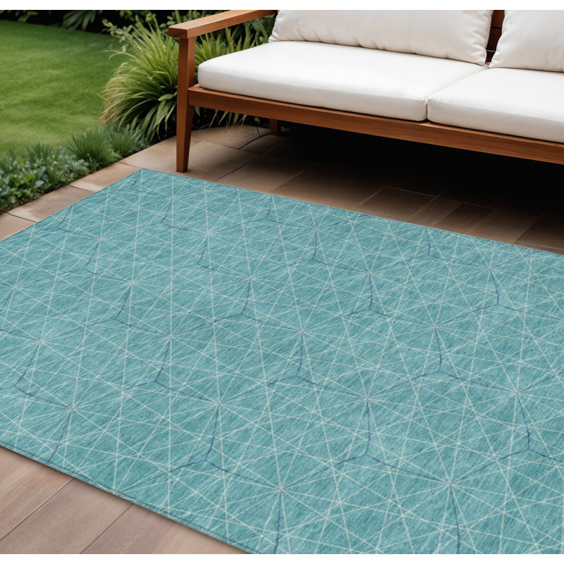 Tapis intérieur / extérieur 10 pi x 14 pi bleu sarcelle noir et ivoire à motif géométrique lavable