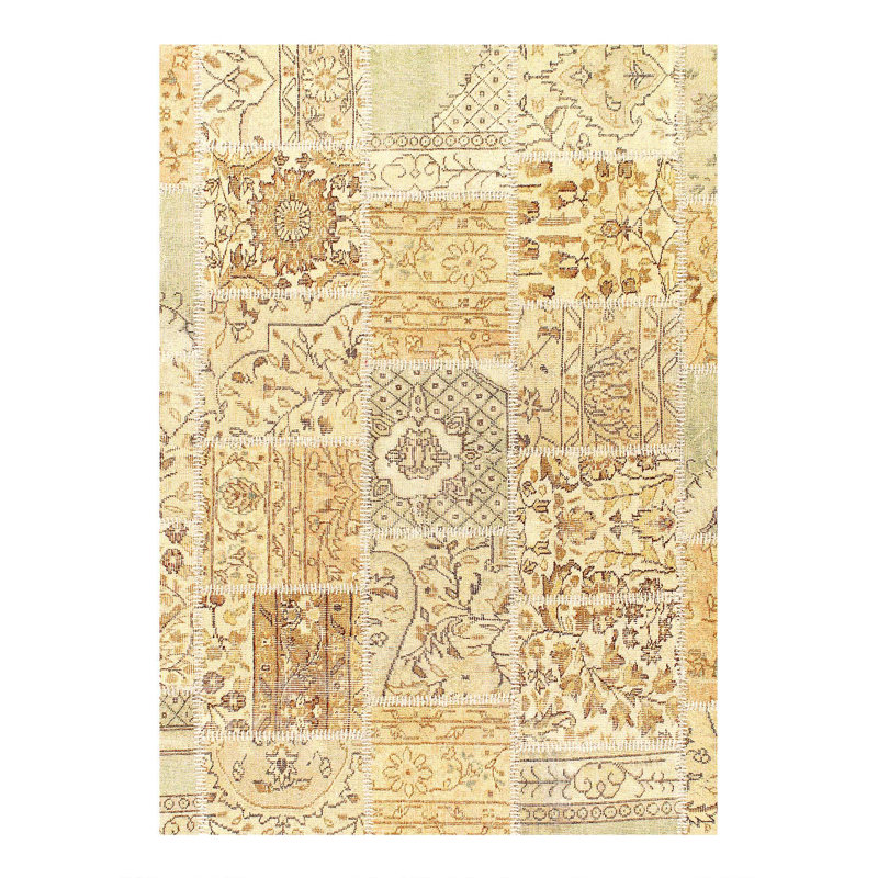 Tapis beige / brun en laine / coton fabriqué à la main de style Ikat 5 pi 11 po x 8 pi 11 po