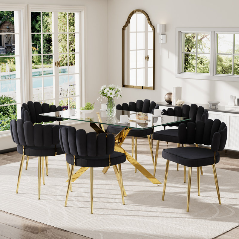 Ensemble de table de salle à manger rectangulaire moderne en verre avec chaises en velours, Noir, 5 pièces: table, 4 chaises