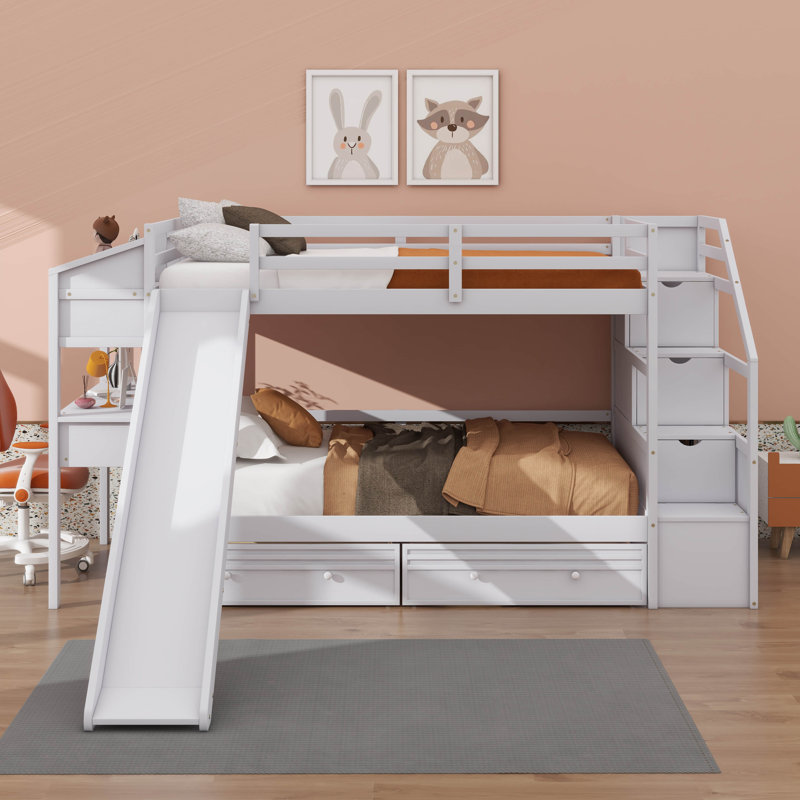 Twin over Twin Bunk Bed with Storage Staircase, Slide and Drawers, Desk with Drawers and Shelves, White