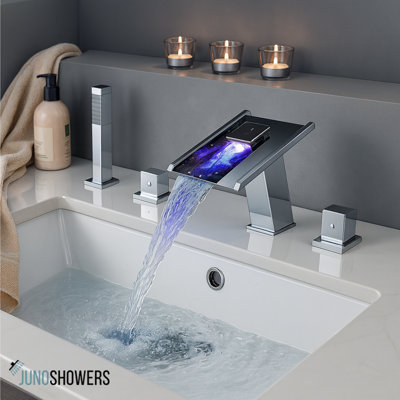 Brushed nickel bathroom faucet with easy temperature control and modern styling