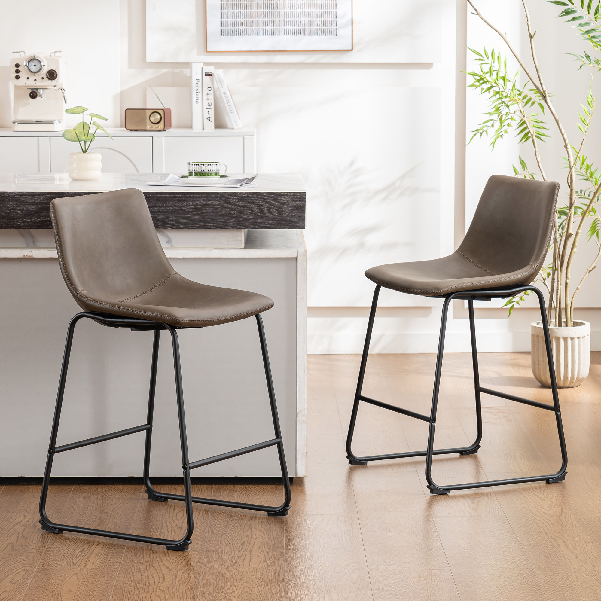 Anke Vegan Leather Armless (Set of 2), Dark Brown, Counter Stool (24” Seat Height)