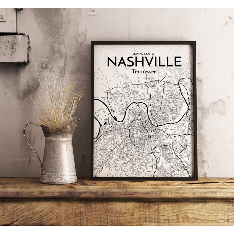Nashville City Map - No Frame Print, 50.8cm H x 40.6cm W x 0.13cm D, Grey
