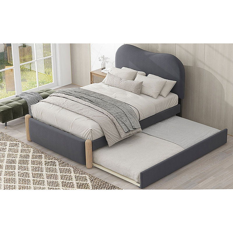 Lit plateforme tapissier confortable avec pieds en bois et lit gigogne escamotable pour une utilisation optimale de l'espace dans la chambre à coucher