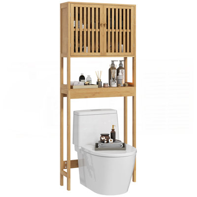 Bamboo Over The Toilet Storage Cabinet, Over Toilet Bathroom Organizer With Slatted Doors, Adjustable Shelf And Open Shelf, Natural