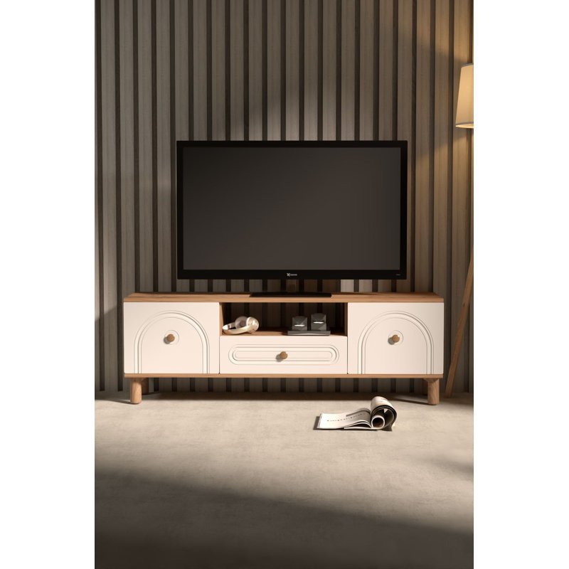 Meuble télé scandinave avec option de fixation murale, pin atlantique et blanc, 59,1 po x 20,9 po x 16,1 po | Panneau de particules 100% mélaminé, 0,7 po d'épaisseur | Design moderne avec plusieurs tablettes, élégant et fonctionnel
