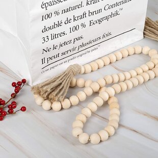 Wooden Bead Garland with Tassels, 36 inch Rustic Country Beads Prayer Beads