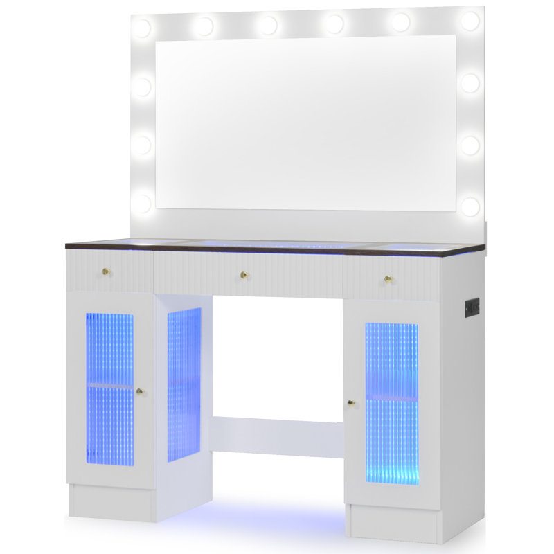 Meuble-lavabo de 43,3 po avec grand miroir et ampoules Hollywood