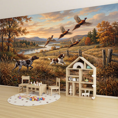 Peel and Stick Wallpaper Autumn Countryside Hunting Dogs Pheasants Hunting Wall Murals 69"H x 96"W Removable PVC Wall Paper Self-Adhesive Wall Decor for Bedroom Living Room Home Office