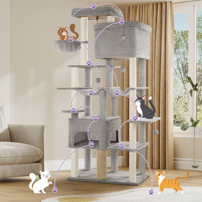 Cat Tree, 78.7" XXL Cat Tree with 10 Scratching Posts, 2 Caves, 2 Hammocks, Large Platform, Cat Brushes, Basket, Heavy Duty Cat Tree for Maine Coons, Large Cats, Light Grey