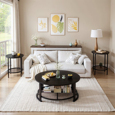 3-Piece Coffee Table Set For Living Room, Round Coffee Table & 2 End Side Table With Open Storage, Farmhouse 2-Tier Living Room Table Set For Living Room, Apartment, Small Space