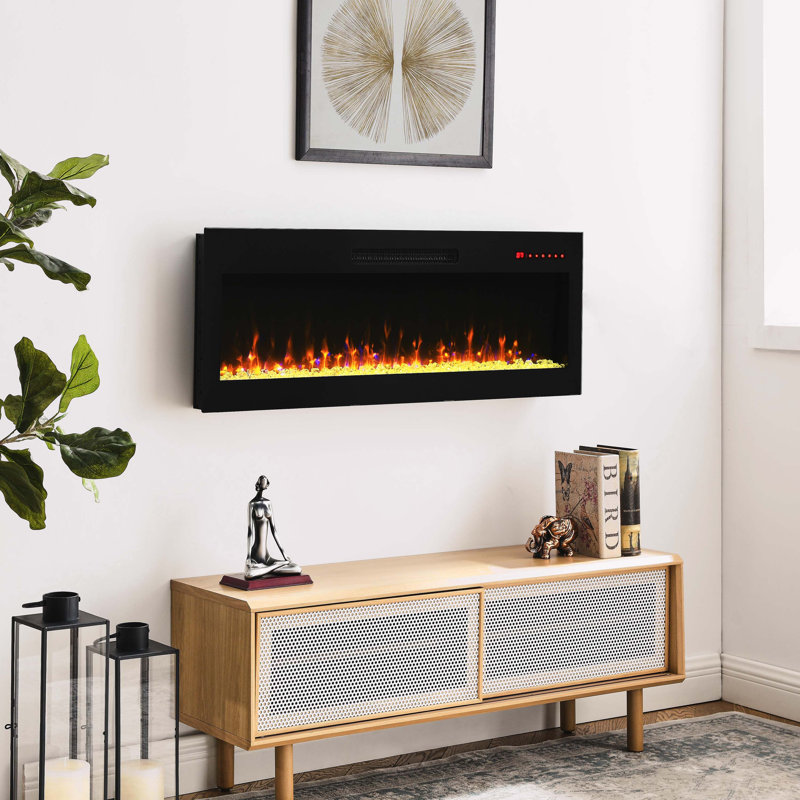 Recessed Tempered Glass Front Wall Mounted Electric Fireplace With Remote, Multi-Color Flame & Ember Bed, LED Light Heater