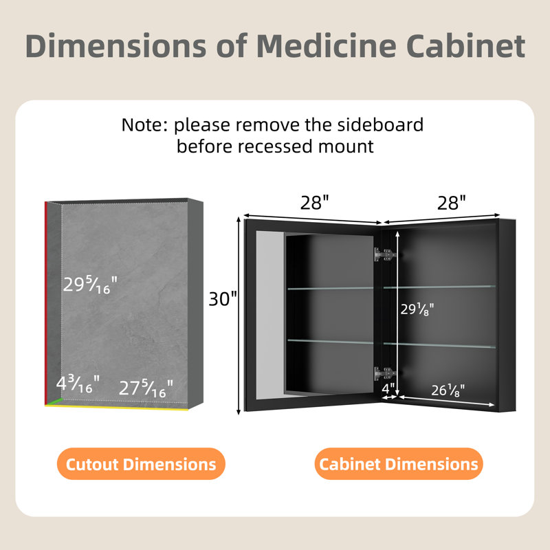  Armoire à pharmacie 28 po x l 30 po avec miroir, cadre de salle de bain encastré ou à fixation en surface avec tablette en verre trempé réglable, grand espace de rangement (noir)