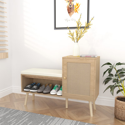 Banc de rangement pour chaussures 2 en 1, armoire à chaussures naturelle avec 2 tablettes réglables et coussin de siège amovible, banc de vestibule moderne, rangement pour chaussures, range-chaussures pour couloir, chambre à coucher