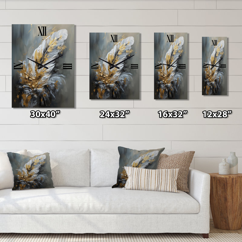 Très grandes horloges murales dorées Boho Chic Feathers IV - Glam Feather, H 32 po x l 24 po x P 1 po