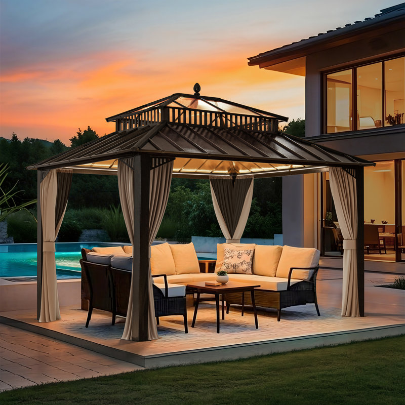 SUNJOY Kingston 12x10 Gazebo, Steel & PC Roof Hardtop Gazebo with Curtain and Netting - Brown Aluminum Posts, Brown, Brown