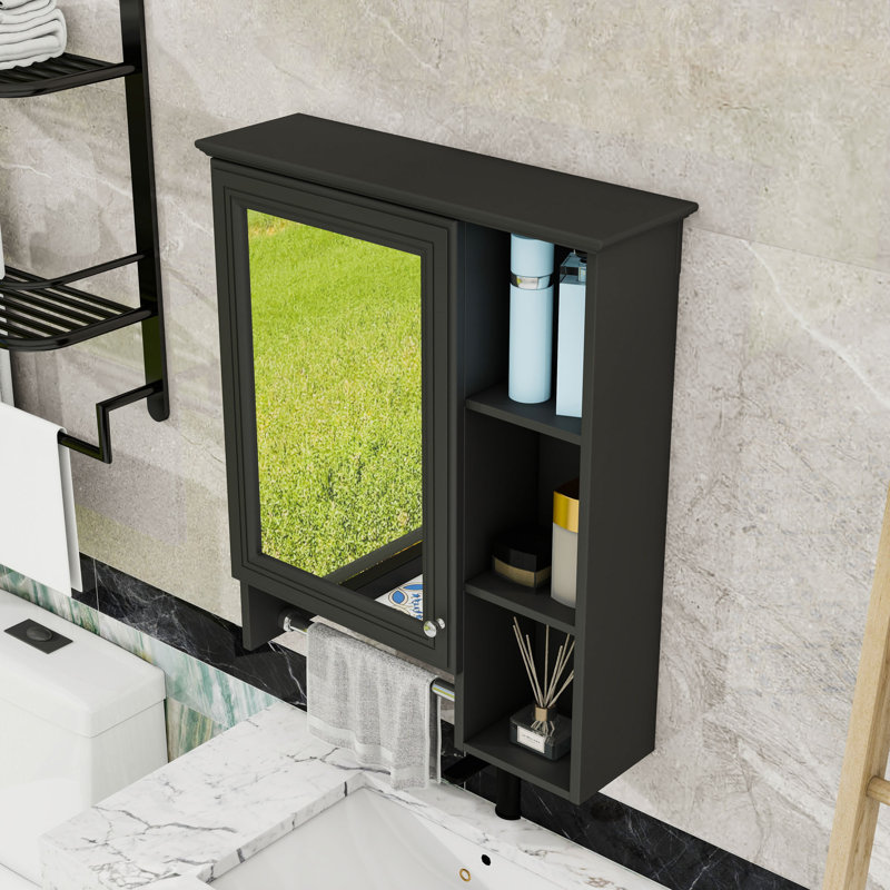 Armoire de salle de bain 3 en 1 avec tablette réglable, barre à serviettes et miroir haute définition, Noir