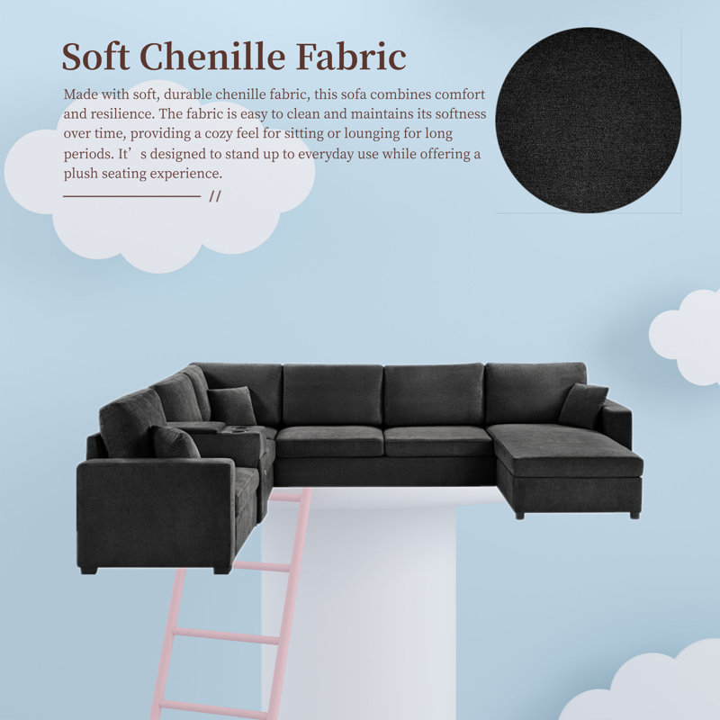 Canapé modulaire en chenille 5 pièces avec porte-gobelets intégré, Chenille noir