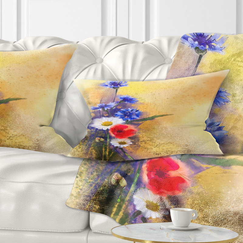 Coussin floral avec bouquet de fleurs de pavot et de marguerite, 12 po x 20 po