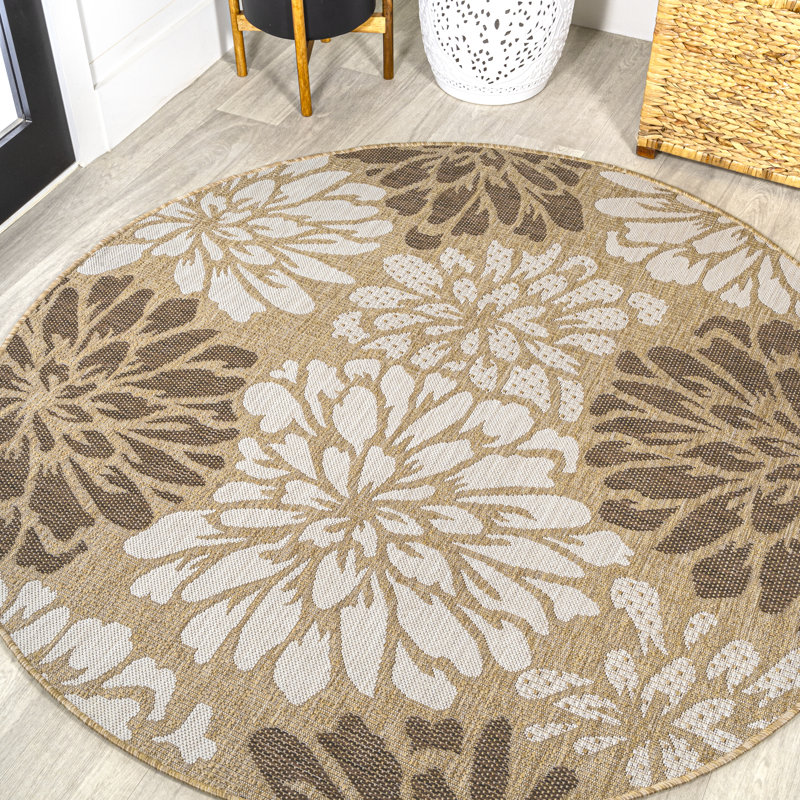 Zinnia Modern Floral Textured Weave Brown/Cream Indoor/Outdoor Rug, Round 7'9"