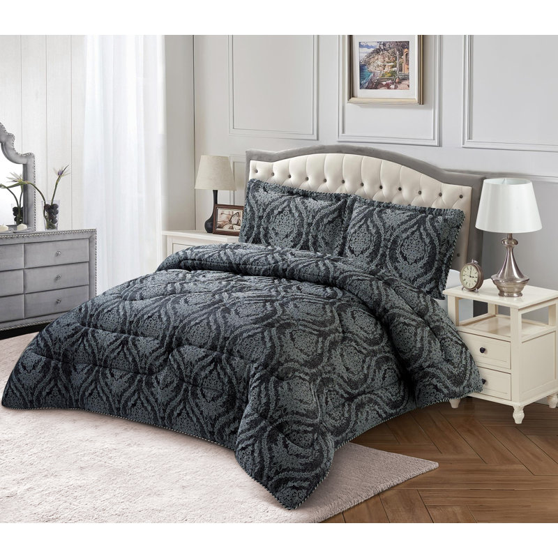 Gina Polyester Damask Bedspread with Pillow Shams, Black, 220 x 240 cm Bedspread - 2 Pillowcases