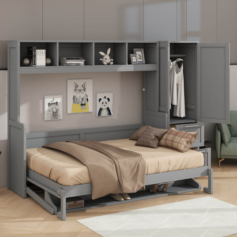 Lit escamotable peu encombrant avec garde-robe intégrée et rangement pour tiroirs, Gris, Double