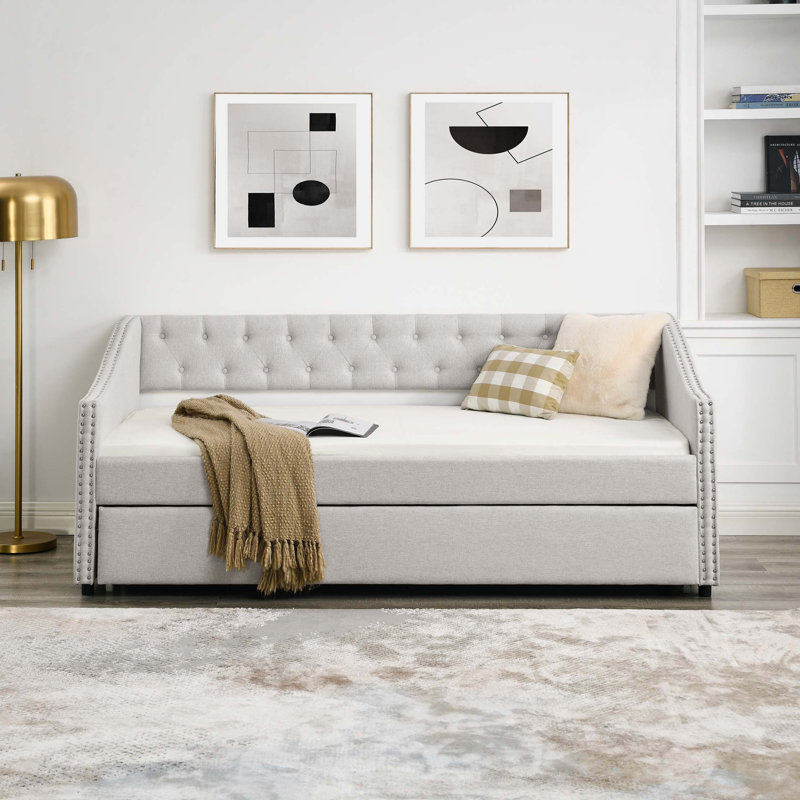 Twin Size Daybed With Twin Size Trundle Upholstered Tufted Sofa Bed, With Button On Back And Nail On Waved Shape Arms (80.5"X41"X30.5")