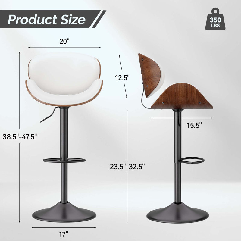 Tabouret de bar réglable pivotant de 23,5 à 32,5 po, structure en bois cintré avec similicuir et repose-pieds