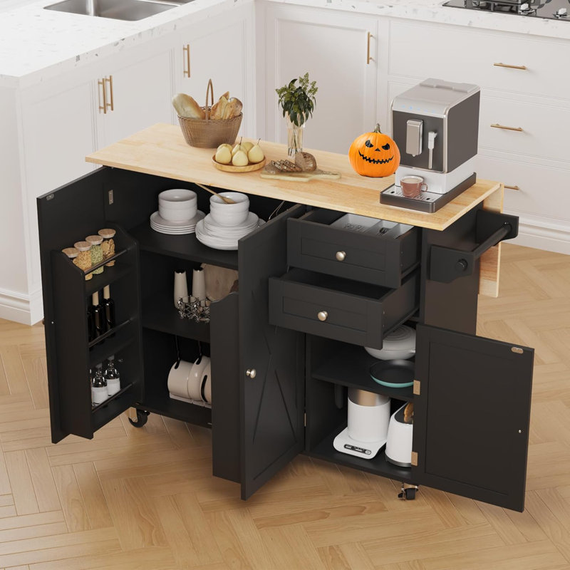  50.4" Kitchen Island With Drop Leaf & Power Outlet, Farmhouse Rolling Island Cart With 3 Spices Shelves On Wheels, Mobil Kitchen Island Table With Rubberwood Countertop Towel Rack
