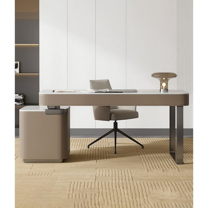 Bureau de luxe léger avec cuir de selle et plateau en pierre frittée, 29.53" H x 70.87" W x 27.56" D